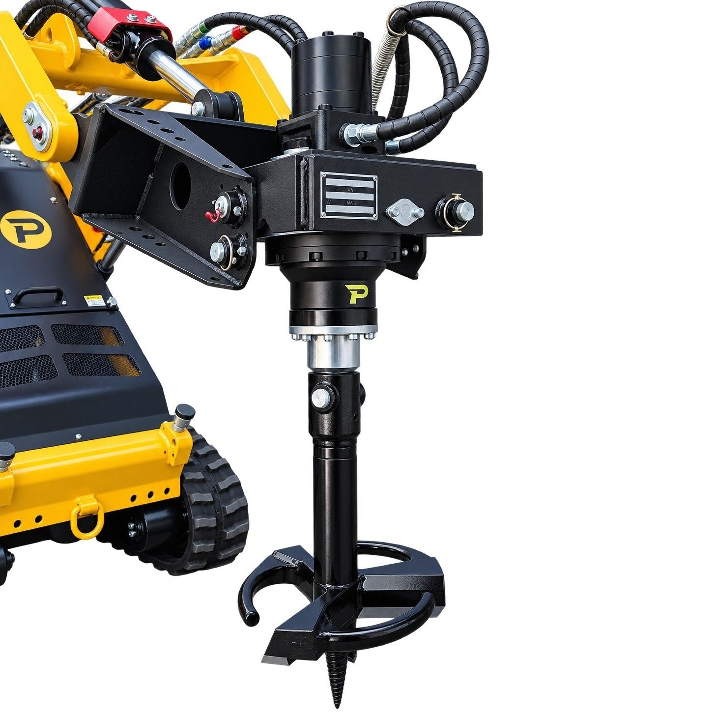 A close-up of a yellow construction machine fitted with a Paddock 350mm (14″) Stump Planer Attachment by Paddock, mounted on a black hydraulic auger. This setup is designed for efficient stump removal and can be easily swapped with other attachments, such as spiral drill bits for drilling holes in the ground. Several hoses are connected to the auger’s motor, highlighting its heavy-duty hydraulic operation.