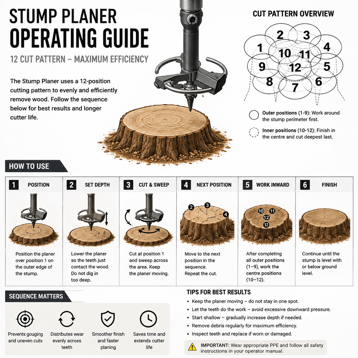 A detailed diagram demonstrates how to use the Paddock 350mm (14″) Stump Planer Attachment with clear visuals and step-by-step instructions, covering attachment positioning, setting planing depth, cutting technique, working inward from the outside of the stump, and essential safety tips. The guide also provides a recommended cut pattern and key safety reminders from Paddock, making this heavy-duty attachment ideal for stump removal projects using mini loaders.