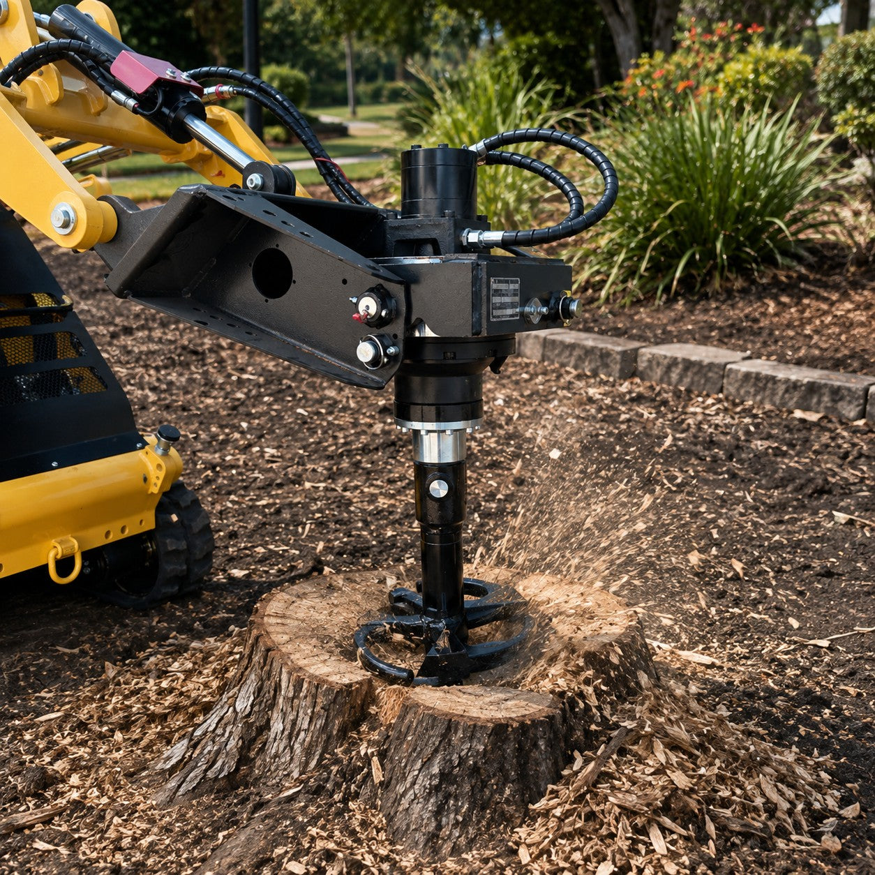 A Paddock 350mm (14″) Stump Planer Attachment from Paddock, mounted on a yellow skid steer, efficiently grinds away a tree stump in a landscaped outdoor area as wood chips are thrown by the heavy-duty planer in action.