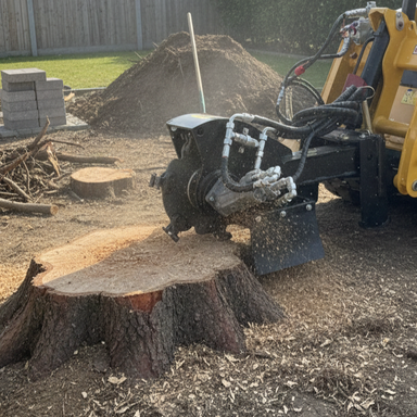 A Paddock Swinging Stump Grinder Attachment - Suits STRKL1200 is grinding a large stump in a backyard, scattering wood chips and debris, with piles of soil, cut branches, and pavers visible in the background.