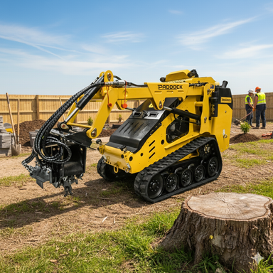 A Paddock mini track loader fitted with the Paddock Stump Grinder Attachment is parked on dirt near a tree stump at a construction site, with workers and a fence visible in the background under a clear blue sky.