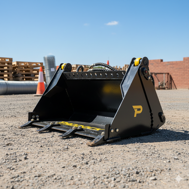 A Paddock 4in1 Bucket by Paddock is seen on a gravel lot at a construction site, with wooden pallets, traffic cones, and a brick wall in the background under a clear blue sky. Perfect for heavy duty construction equipment needs.
