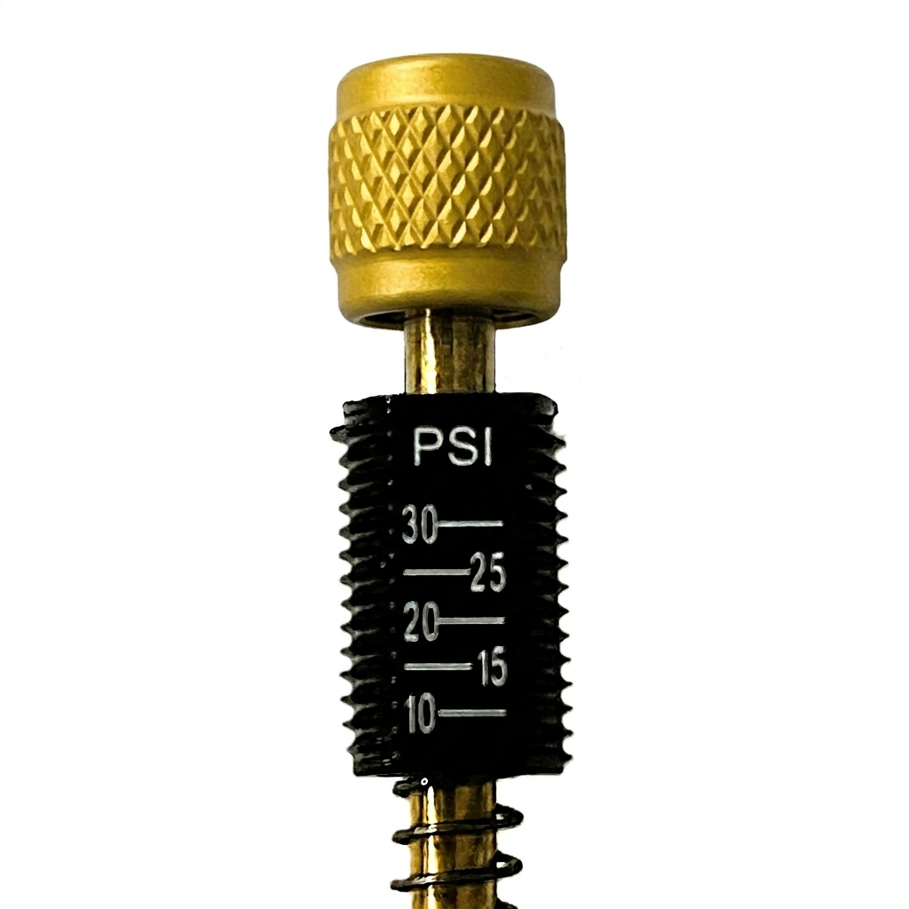 Close-up of the Sherpa 4x4 Tyre Deflators - 4pk brass tire pressure gauge, featuring a black scale with white numbers at 10, 15, 20, 25, and 30 PSI. The knurled brass cap is prominently shown. Brand: Sherpa 4x4.