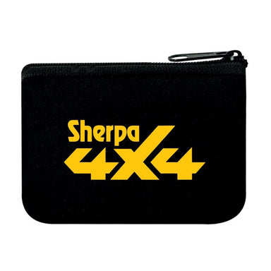 A compact black zippered pouch with bold yellow "Sherpa 4x4" branding, ideal for storing your Sherpa 4x4 Tyre Deflators – 4pk for quick tyre deflation on off-road trips.