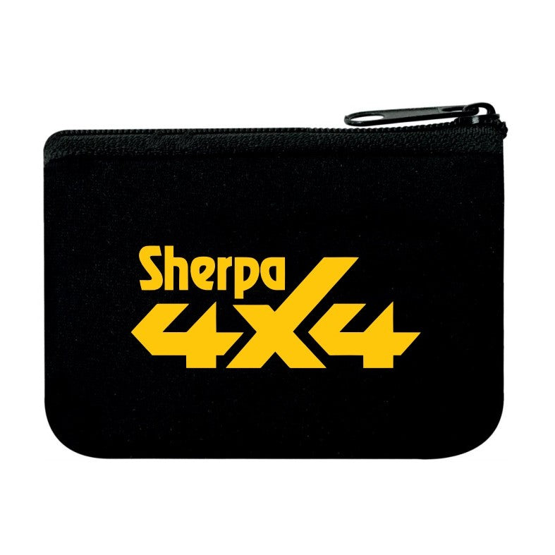 A compact black zippered pouch with bold yellow "Sherpa 4x4" branding, ideal for storing your Sherpa 4x4 Tyre Deflators – 4pk for quick tyre deflation on off-road trips.