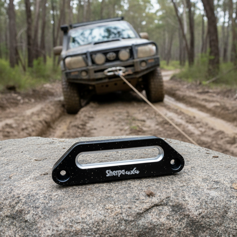 A Sherpa 4x4 Winch Hawse Fairlead by Sherpa 4x4 is attached to a rock in the foreground, while a muddy off-road vehicle with a synthetic rope winch is being recovered along a forest dirt trail in the background.