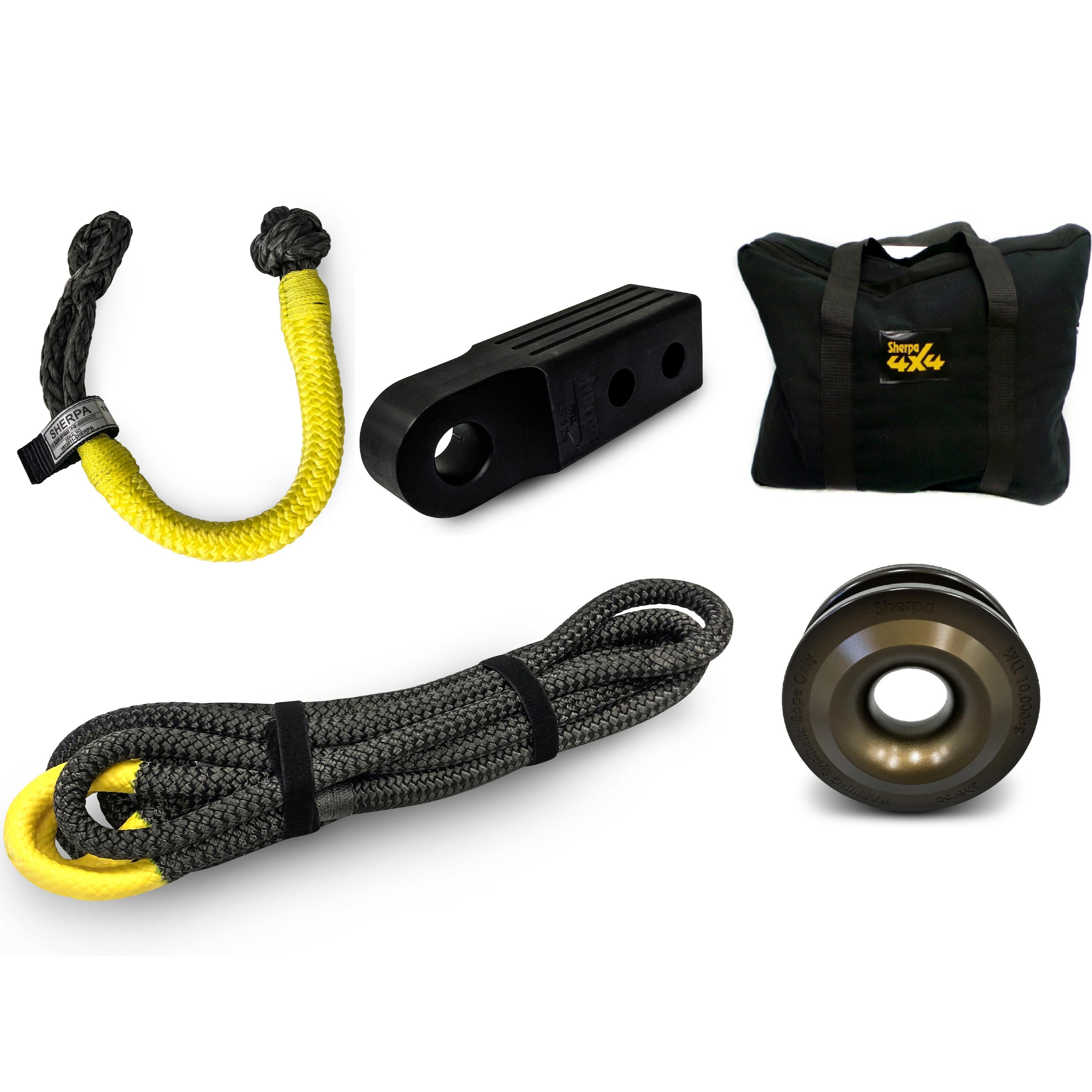The Sherpa 4x4 Offroad Recovery Bundle by Sherpa 4x4 features a gray recovery rope with yellow ends, yellow and gray shackles, a black winch shackle, metallic pulley, and black bag—all arranged on a white background.