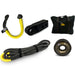 The Sherpa 4x4 Offroad Recovery Bundle by Sherpa 4x4 features a gray recovery rope with yellow ends, yellow and gray shackles, a black winch shackle, metallic pulley, and black bag—all arranged on a white background.