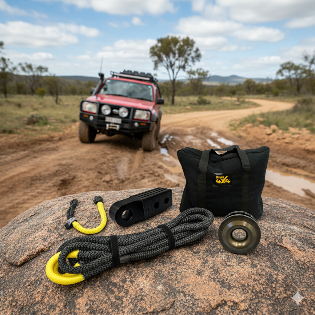 A red off-road vehicle sits on a muddy trail, while the Sherpa 4x4 Offroad 13,300kg Recovery Bundle rests atop a large rock in the foreground.