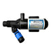 A Scintex Septic Sewage Macerator Pump, black and blue with a cylindrical body, labeled with specs and warnings. It has multiple pipe connections and mounting brackets, shown from above on a white background.