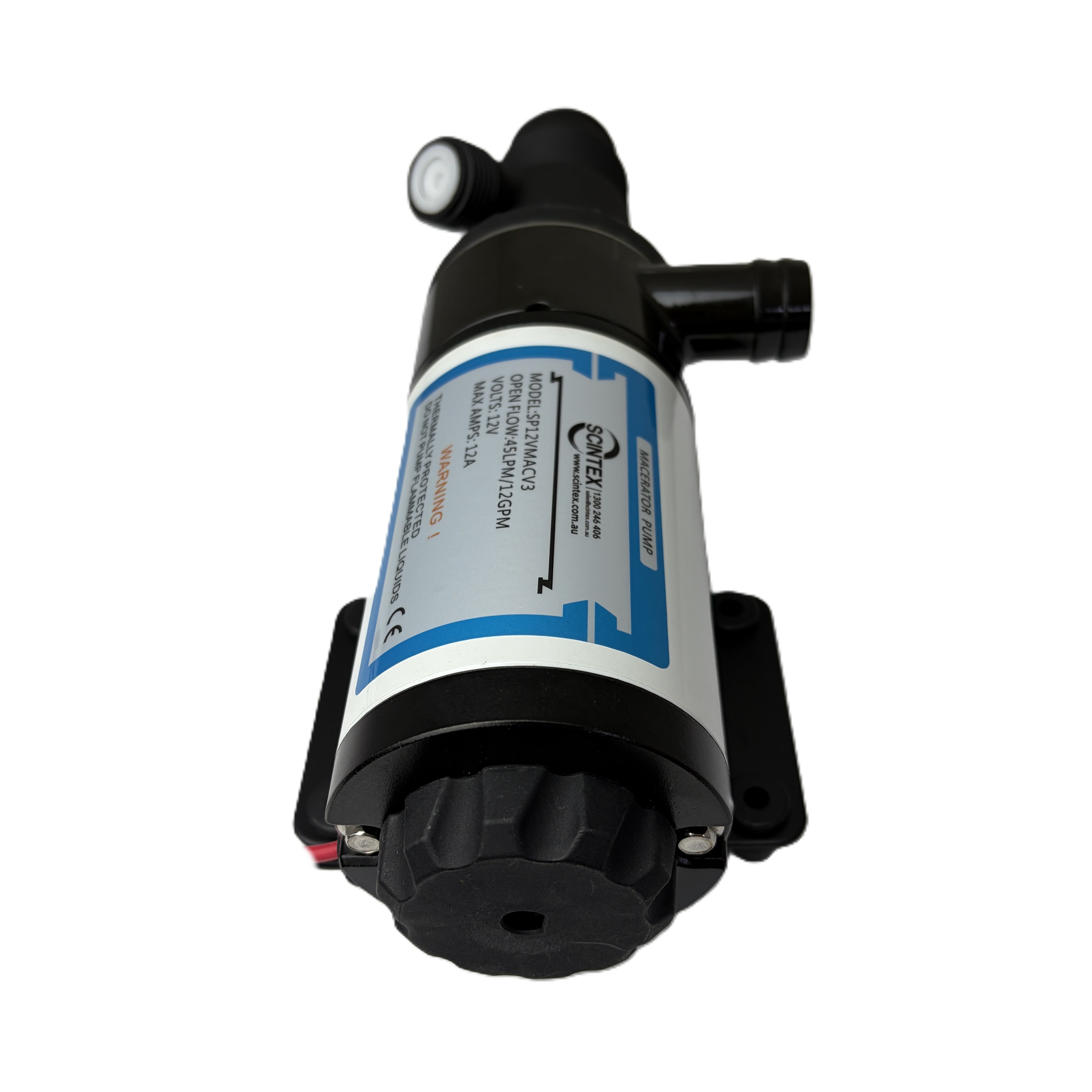 The Scintex Septic Sewage Macerator Pump, in black and silver with a pressure gauge and labeled specs, is mounted on a black plastic base against a white background—perfect for grey water sanitation.