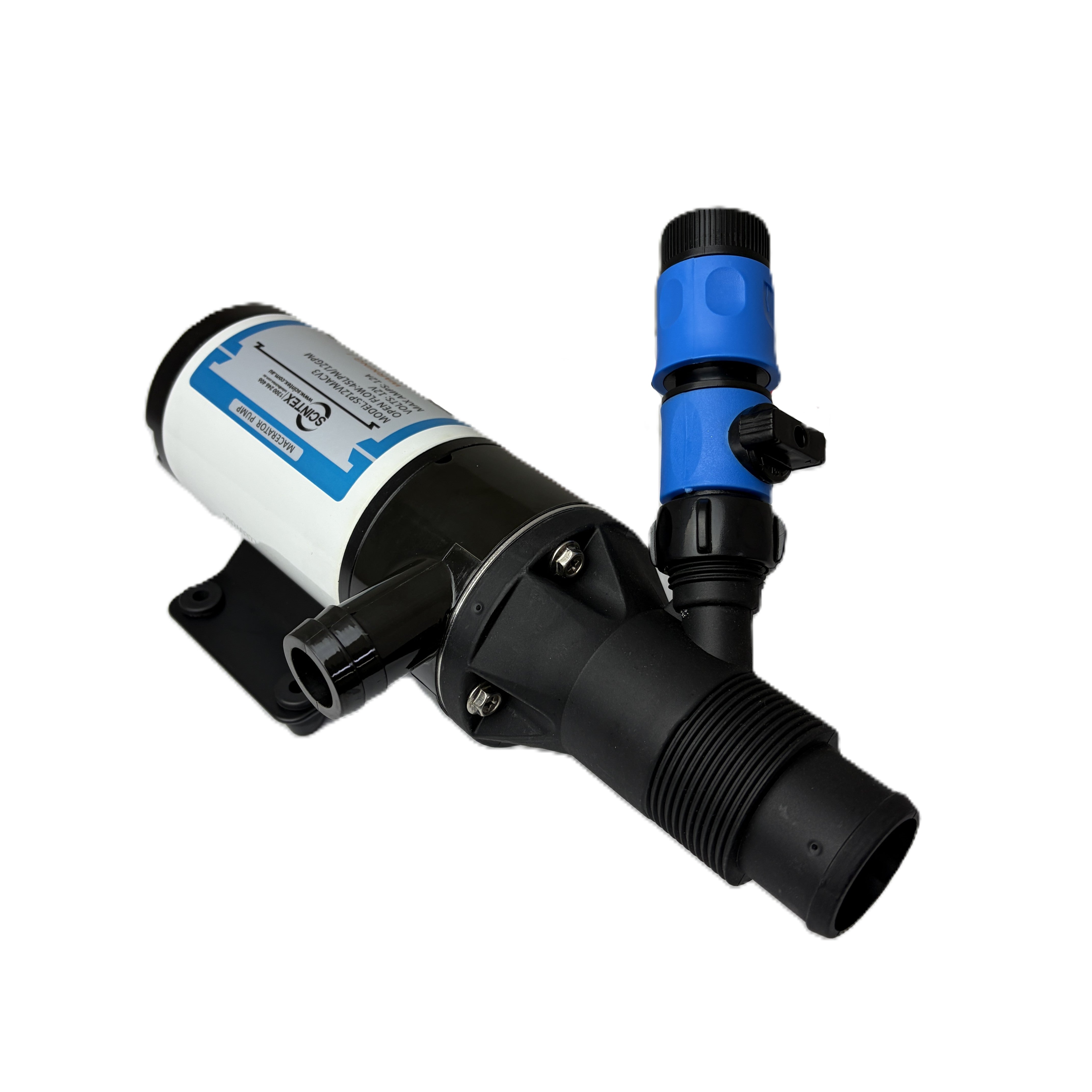 The Scintex Septic Sewage Macerator Pump features a cylindrical black and blue plastic body, threaded connections, and a mounting bracket, typically used for water filtration in irrigation or grey water sanitation systems.