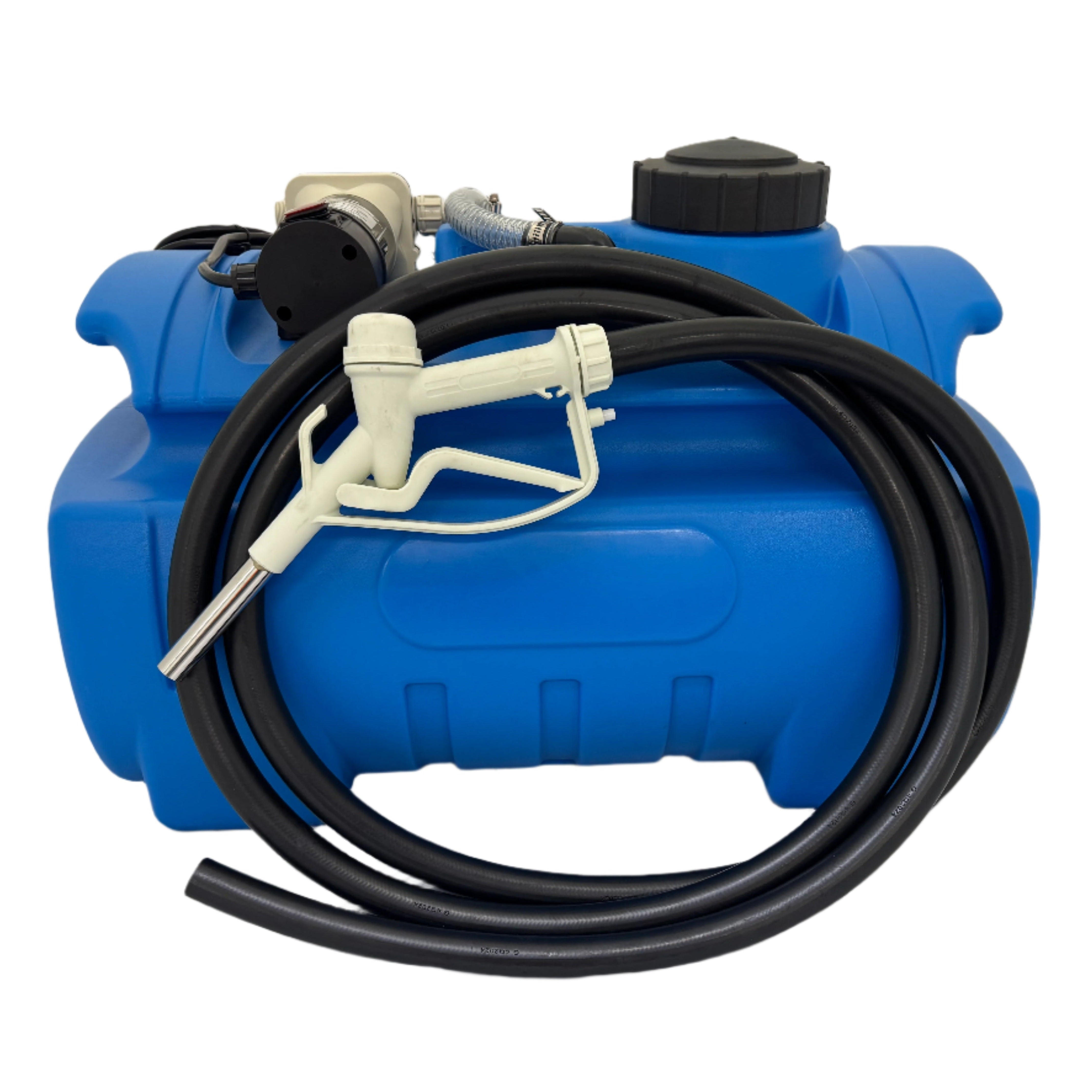 The Paddock Adblue Ute Tank is a blue plastic storage tank with a black screw cap, pump, and coiled black hose connected to a white spray nozzle, shown against a plain white background.