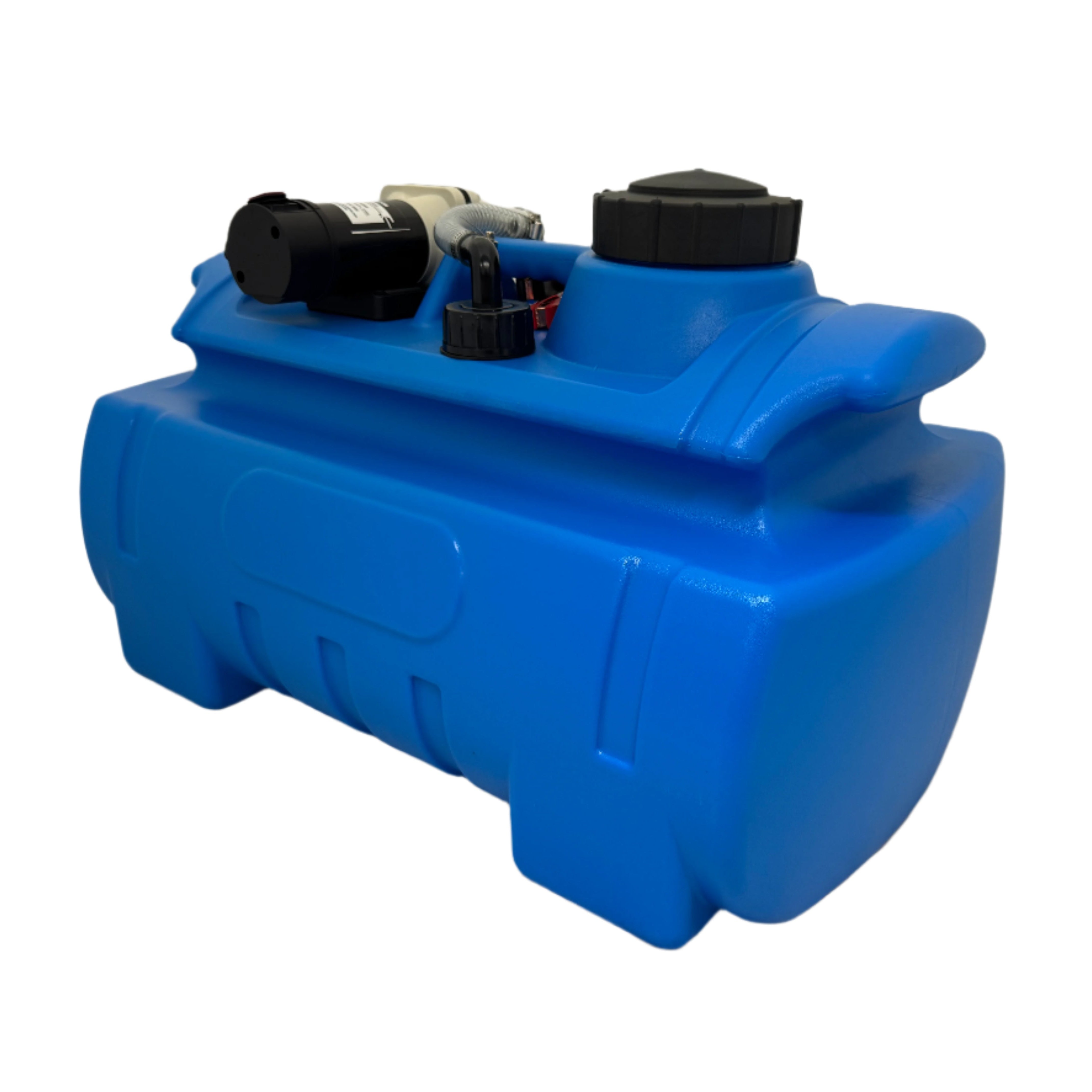 A Paddock Adblue Ute Tank, made of blue plastic with a black pump and cap, is displayed on a white surface against a white background.