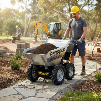 A construction worker in a yellow hard hat uses a Paddock Power Assisted Wheel Barrow by Paddock to transport soil along a garden path, with another worker and a small excavator visible in the background.