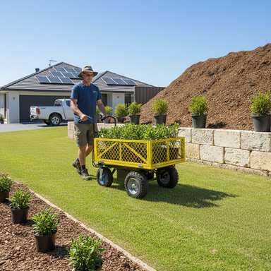 Wearing a sun hat, a person pulls the Paddock Electric Power Wheel Cart - 48V by Paddock with plants across a tidy lawn. Nearby are potted plants, mulch, and a modern house with solar panels under a clear sky.