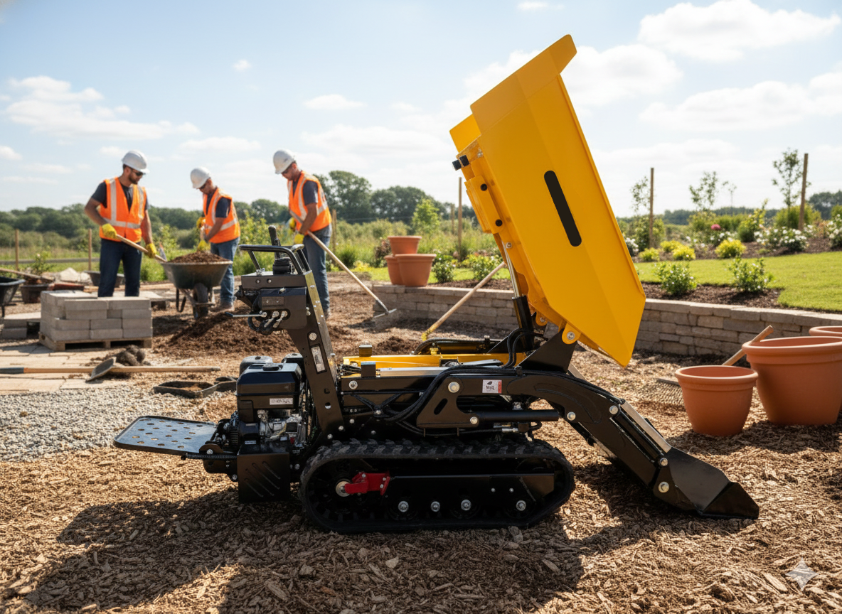 A Paddock Tracked Lifting/Tipping Power Barrow (800kg capacity) with its dump bed raised is parked on mulch in a landscaped area, while four workers in safety vests and helmets work with shovels and pavers nearby.