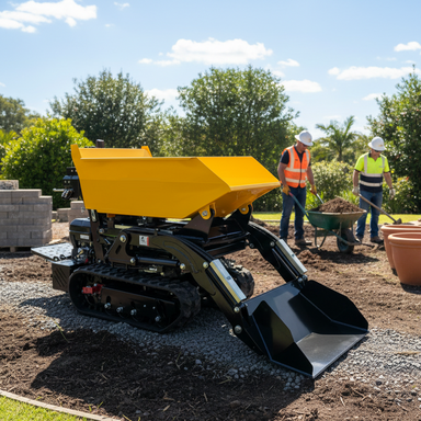 A Paddock Tracked Lifting/Tipping Power Barrow - 800kg Capacity is parked on a construction site, as two workers in safety vests and helmets work near a wheelbarrow and stacked bricks. Trees and a clear sky can be seen in the background.