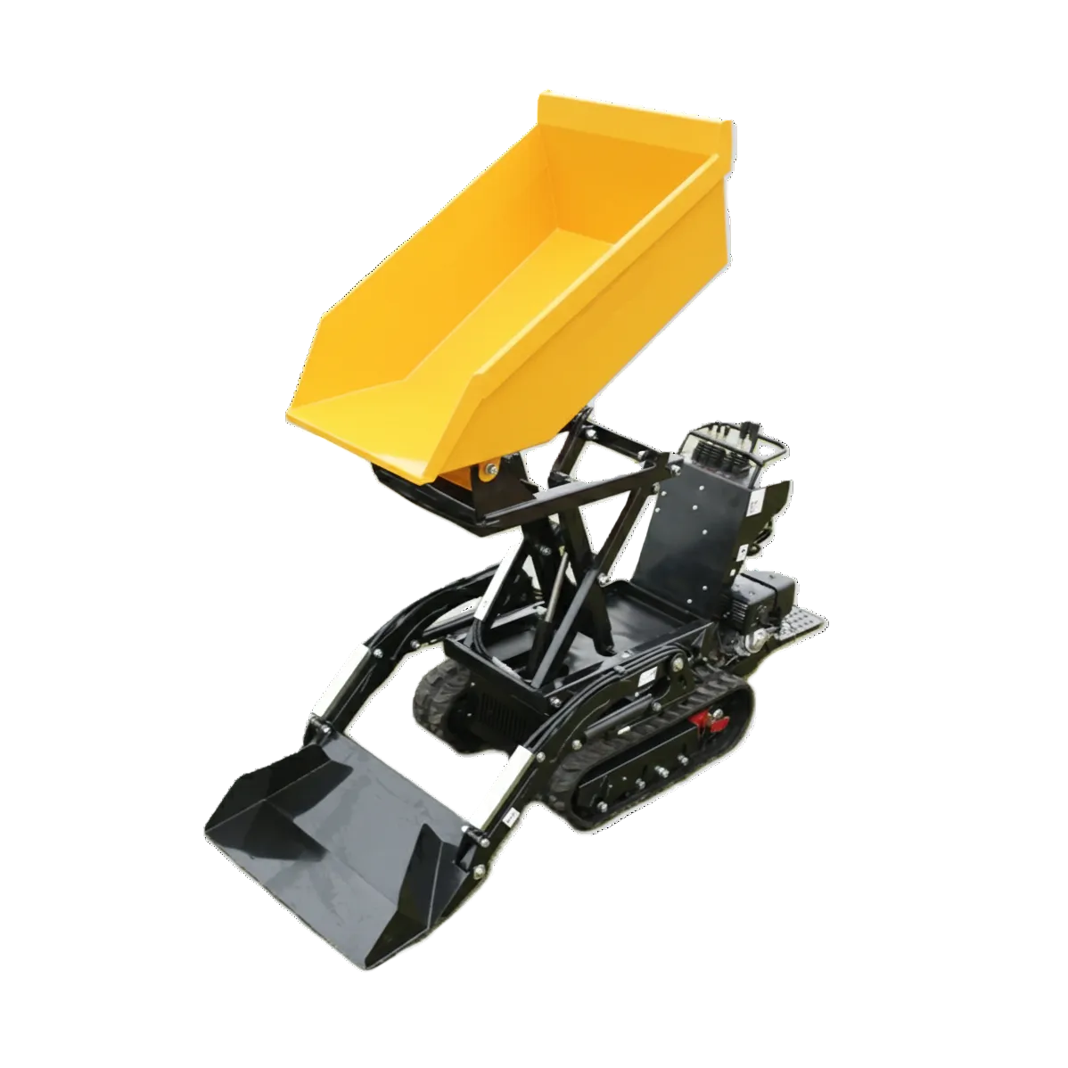 The Paddock Tracked Lifting/Tipping Power Barrow features black tracks, a raised hydraulic bed, and an 800kg capacity, making it ideal for transporting and unloading materials. Brand: Paddock.