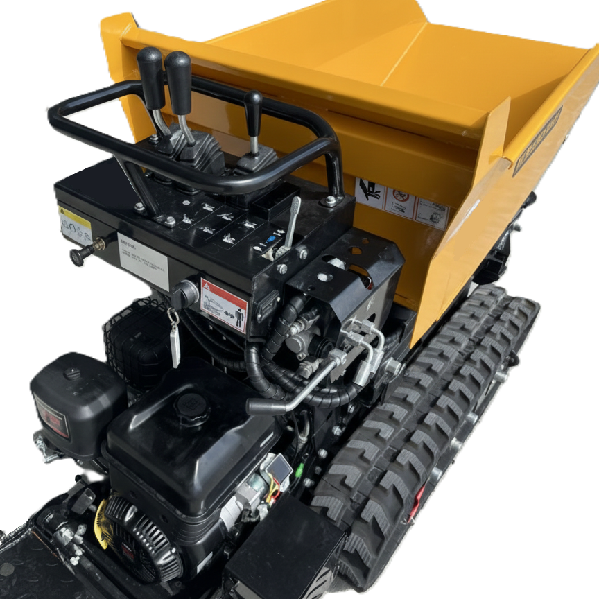 A close-up of the Paddock Tracked Lifting/Tipping Power Barrow by Paddock, featuring control levers, a visible engine, and rubber tracks. This yellow power barrow offers an 800kg capacity and is photographed against a white background.