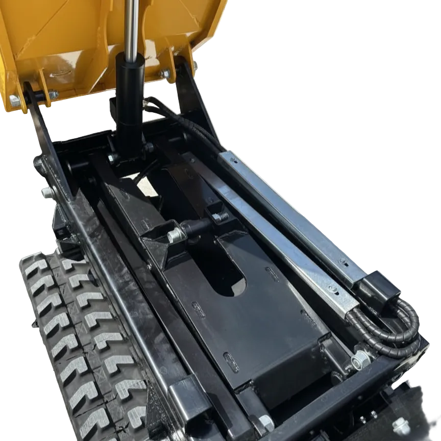 Close-up of the hydraulic lift and rubber tracks on the Paddock Tracked Lifting/Tipping Power Barrow (800kg capacity), highlighting metal components and cylinders on this Paddock mini construction vehicle.