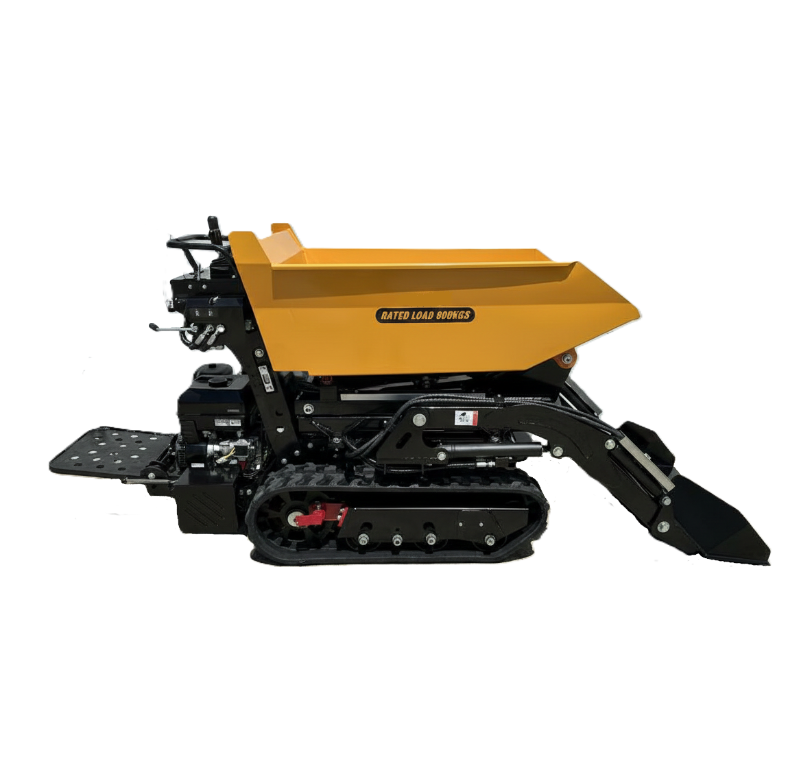 The Paddock Tracked Lifting/Tipping Power Barrow - 800kg Capacity by Paddock is yellow with a black base, rubber tracks, and an open cargo bed for materials. Shown on a white background.