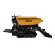 The Paddock Tracked Lifting/Tipping Power Barrow - 800kg Capacity by Paddock is yellow with a black base, rubber tracks, and an open cargo bed for materials. Shown on a white background.