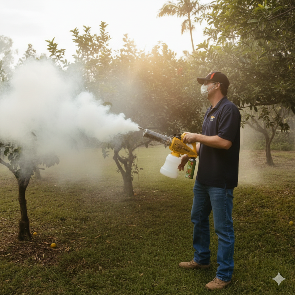 A person uses the Paddock Portable Thermal Insect Fogger by Paddock to spray pesticide on fruit trees in an orchard during daylight for effective pest control.