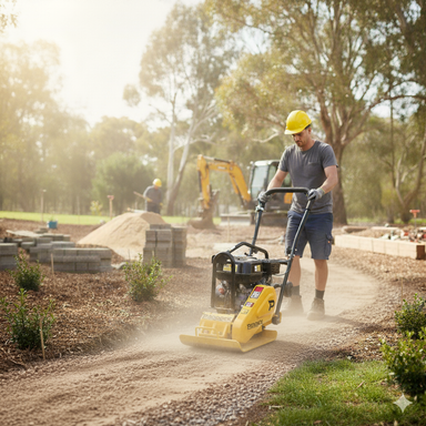 A construction worker in a yellow hard hat and safety glasses operates a Paddock Plate Vibrator Compactor by Paddock on a gravel path at an outdoor worksite, with another worker, construction equipment, and an excavator in the background.