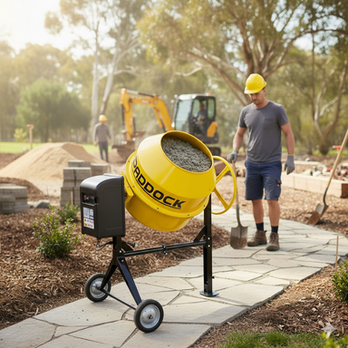 A construction worker in a hard hat and gloves walks near a yellow Paddock Cement Concrete Mixer 160L by Paddock with an electric motor on a paved path, while an excavator and building materials are seen in the background at a construction site.