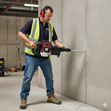 A construction worker in safety gear uses the Paddock Honda Motorised Drill to hammer drill concrete on an indoor wall of a building under construction, scattering debris and dust as the powerful tool penetrates the surface.
