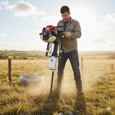 A man uses a Paddock Motorised Post Driver by Paddock to drive posts into dry ground on a grassy field, with sunlight highlighting the rural landscape in the background.