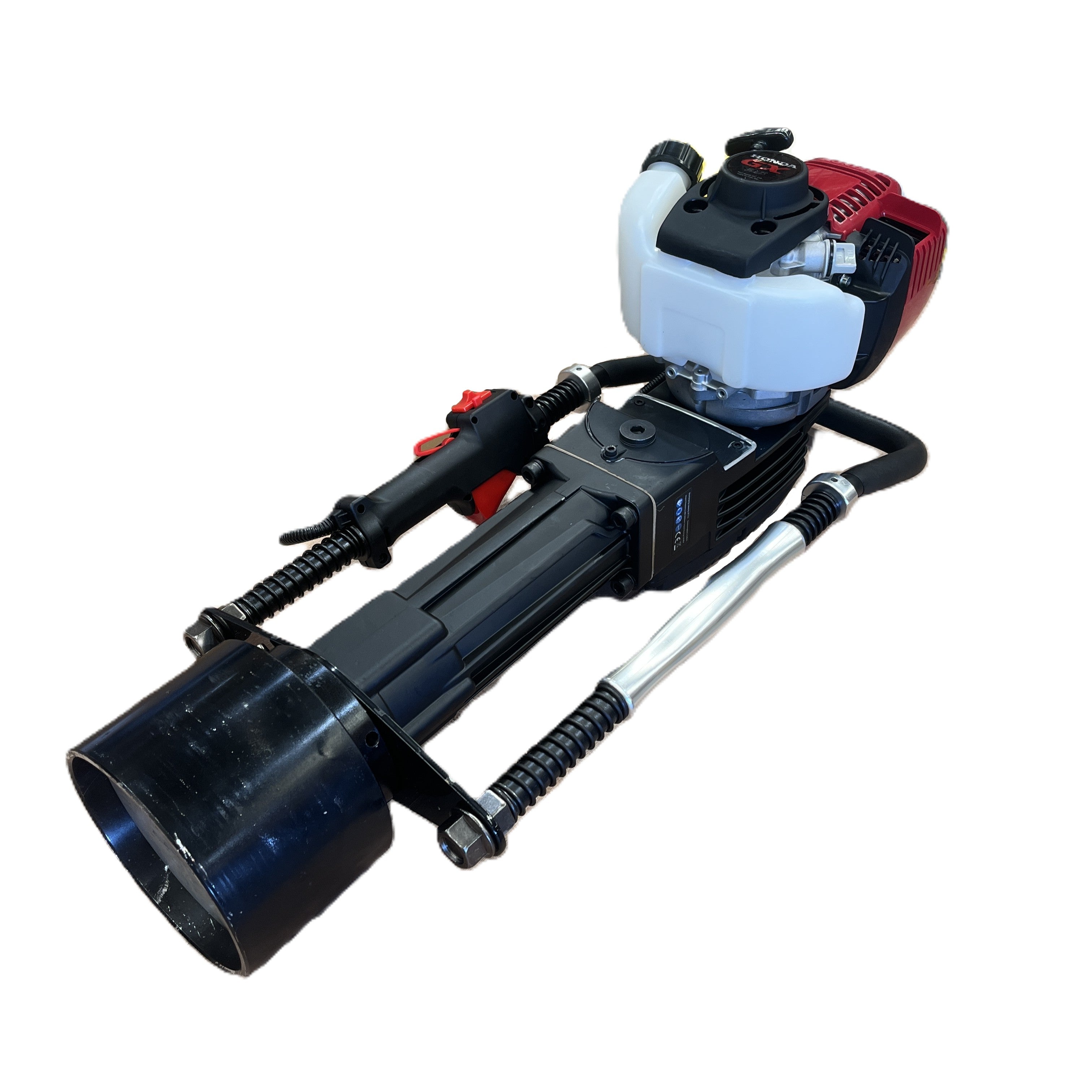 The Paddock Motorised Post Driver by Paddock is a handheld, gas-powered tool with a black cylindrical drive head, red engine cover housing a Honda GX engine, white fuel tank, and black handles with spring shock absorbers.