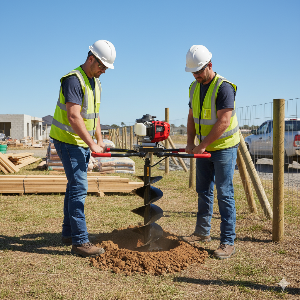Two construction workers in safety vests and helmets use a Paddock Post Hole Auger Digger Driver by Paddock to drill into the ground at a worksite with wooden materials, fencing, and an unfinished building in the background.
