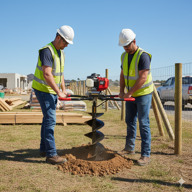 Two construction workers in safety vests and helmets use a Paddock Post Hole Auger Digger Driver by Paddock to drill into the ground at a worksite with wooden materials, fencing, and an unfinished building in the background.