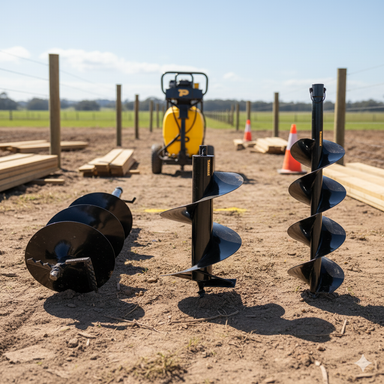 Three Paddock Post Hole Augers and Accessories stand upright on dirt at a construction site, with wooden planks, traffic cones, and a yellow machine visible in the background on a sunny day.