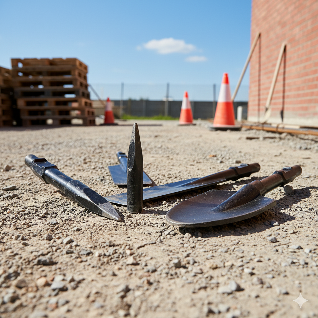 Paddock Jack Hammer Attachment Tools are scattered on gravel at a construction site, surrounded by traffic cones, wooden pallets, and a brick wall under a clear blue sky.
