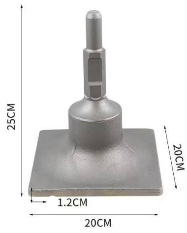 The Paddock Jack Hammer Attachment Tool is a metal tool with a 20cm x 20cm base (1.2cm thick), 25cm cylindrical handle, measurement labels, and an industry-standard fixing design for versatile jackhammer use.