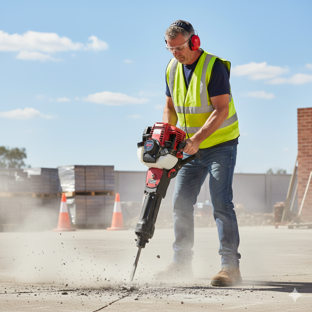 A construction worker in a high-visibility vest and ear protection uses the Paddock Motorised Jackhammer by Paddock to break concrete outdoors, sending dust and debris flying on a sunny day.