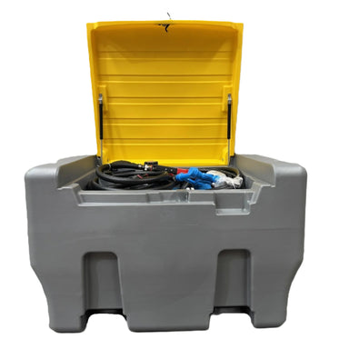 The Scintex Australia Ute & Trailer Mount Diesel/AdBlue Combination Tank is a gray plastic portable unit with a yellow lid, open to show coiled black cables and blue connectors inside. It features sturdy legs and an industrial design for efficient diesel or AdBlue storage.