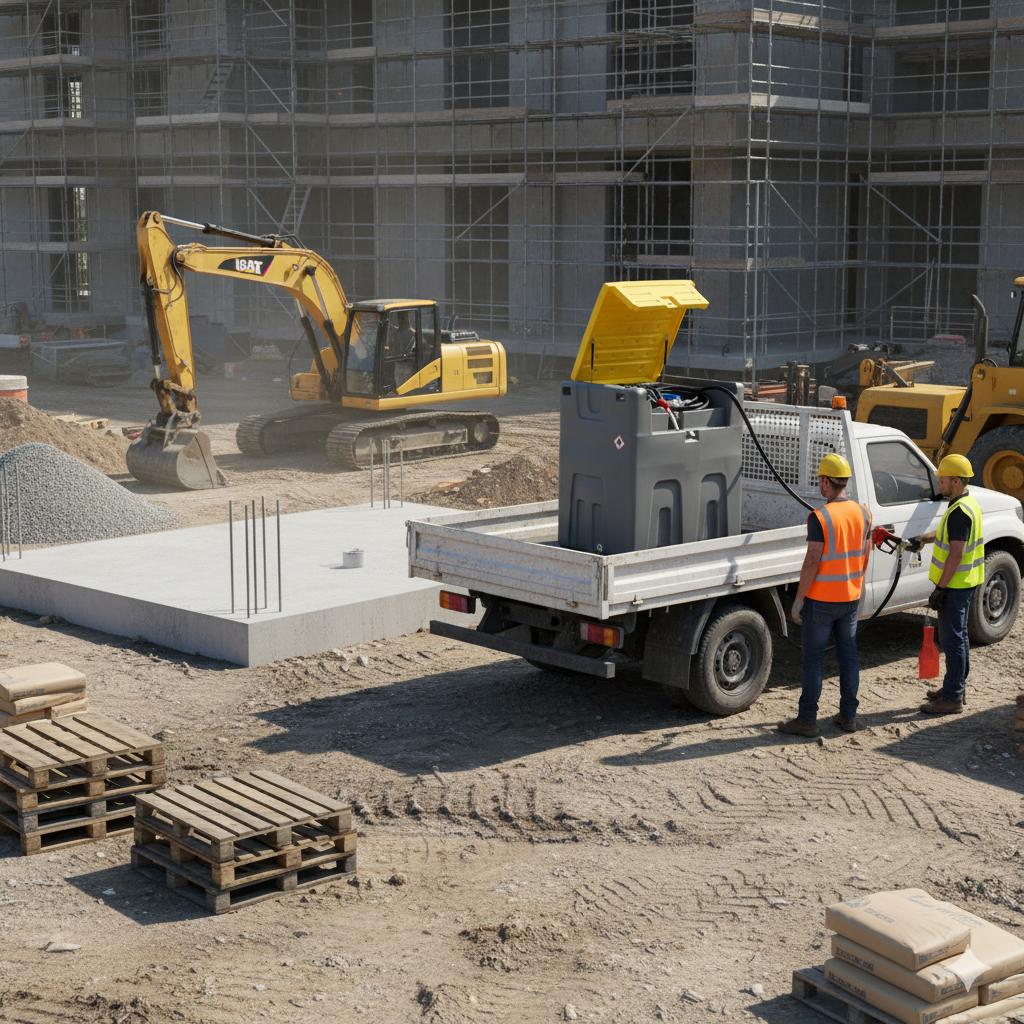Two construction workers in safety vests and helmets stand by a white flatbed truck fitted with a Paddock Ute & Trailer Mount Diesel/AdBlue Combination Tank by Paddock at an active construction site, with excavators and a building under construction nearby.