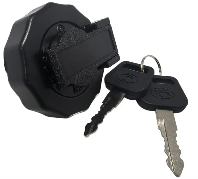 A genuine Paddock Diesel Loader Fuel Tank Cap in black with a lockable hinged cover is displayed with two matching metal keys on a keyring, all set on a white background—ideal as a replacement part.