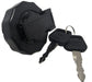 A genuine Paddock Diesel Loader Fuel Tank Cap in black with a lockable hinged cover is displayed with two matching metal keys on a keyring, all set on a white background—ideal as a replacement part.