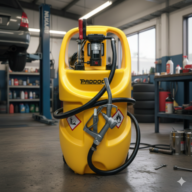A Paddock Portable Fuel Tank 75L, marked with flammable and electrical hazard symbols, stands in a workshop surrounded by tools, tires, and automotive supplies.