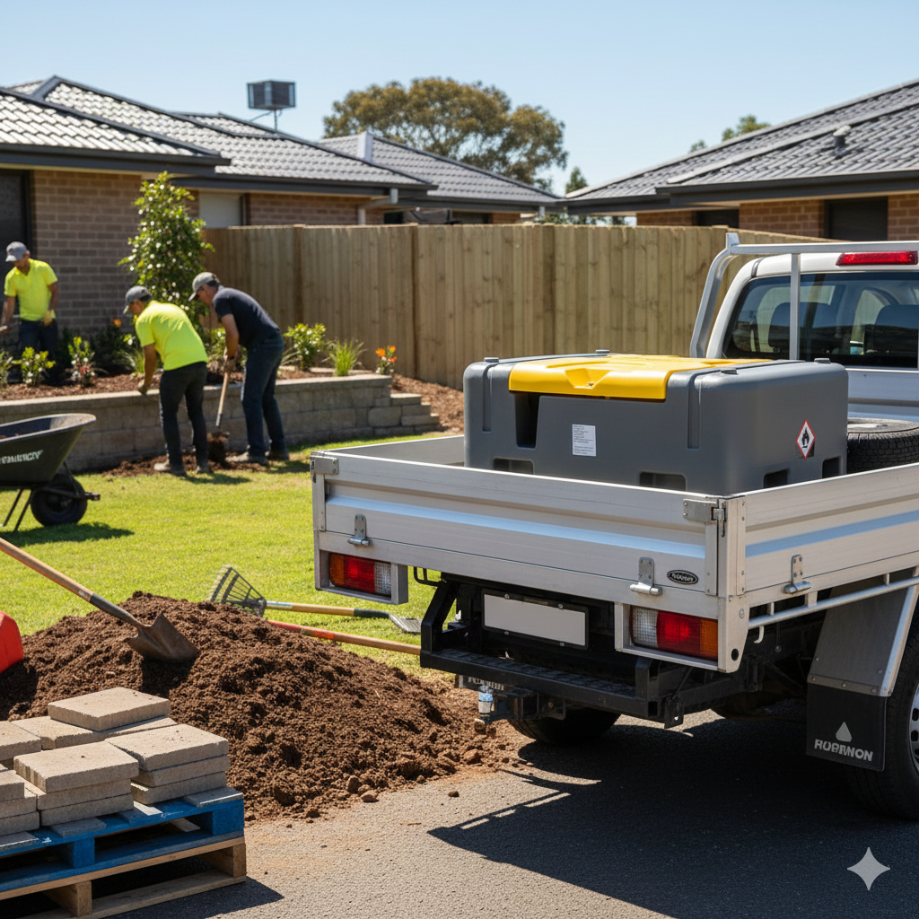 A landscaping crew works on a garden bed by a brick house, with a Paddock Ute & Trailer Mount Diesel Tank from Paddock on a white utility truck nearby. Pavers, soil, and tools are spread on the grass and pavement.