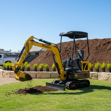 A Paddock Excavator Series 10 with an 11hp KOOP Diesel Engine digs into a grassy lawn, its bucket filled with soil. Behind this compact yellow machine are potted plants, a mound of earth, and a stone retaining wall under a clear sky.