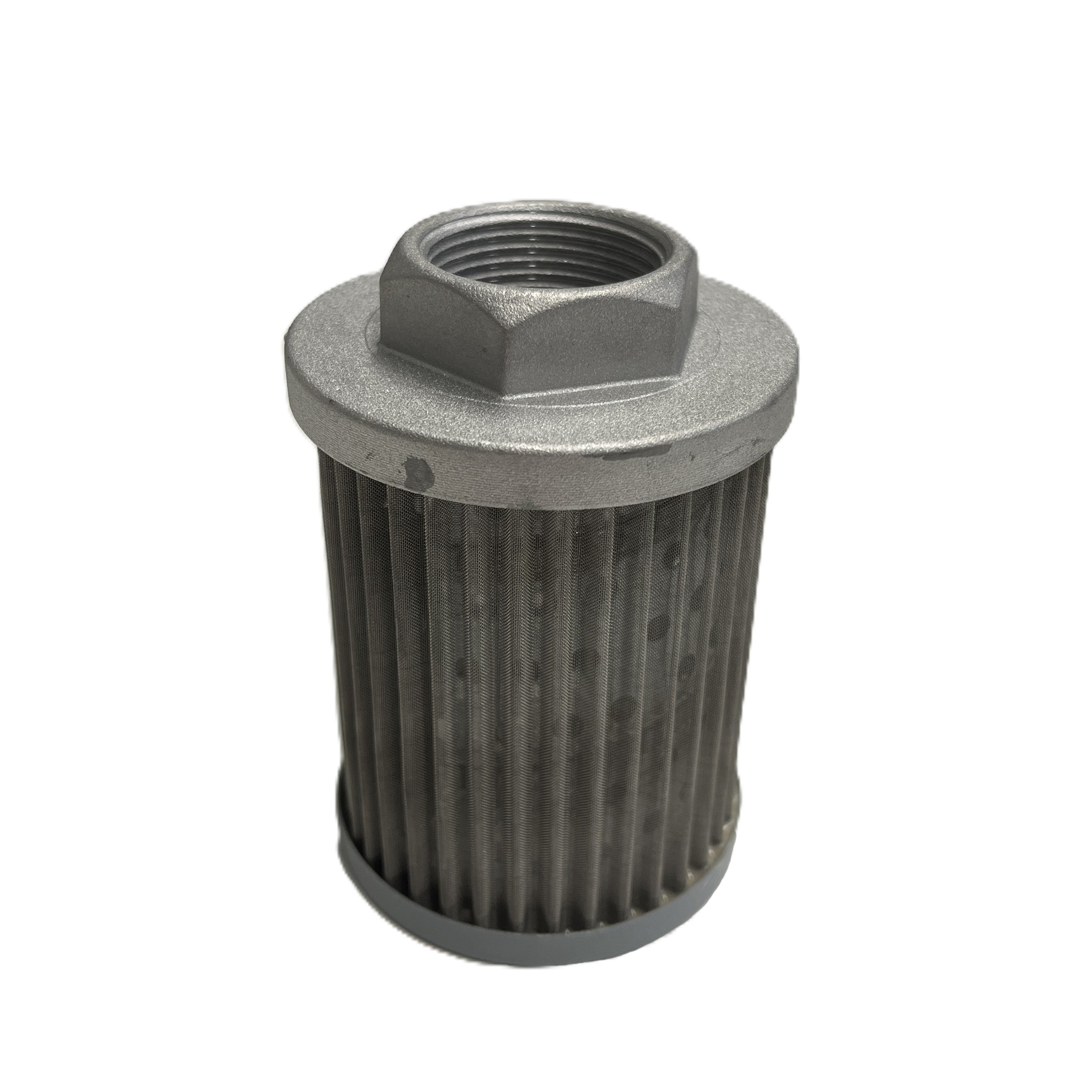 The Paddock Hydraulic Oil Filter (Suits SPEX17SS) is a metal, cylindrical filter with a threaded hexagonal top and pleated sides, designed for SPEX17SS excavators. Shown against a white background.