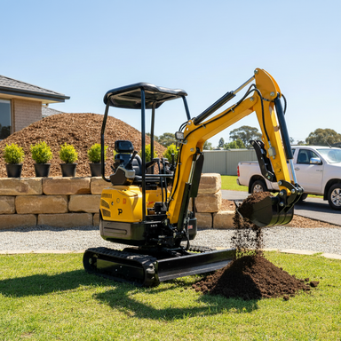 A Paddock Excavator Series 17 with a 16hp Kubota diesel engine is dumping soil onto a grassy lawn near potted plants and a soil pile, while a white pickup truck is parked in the background on a sunny day.