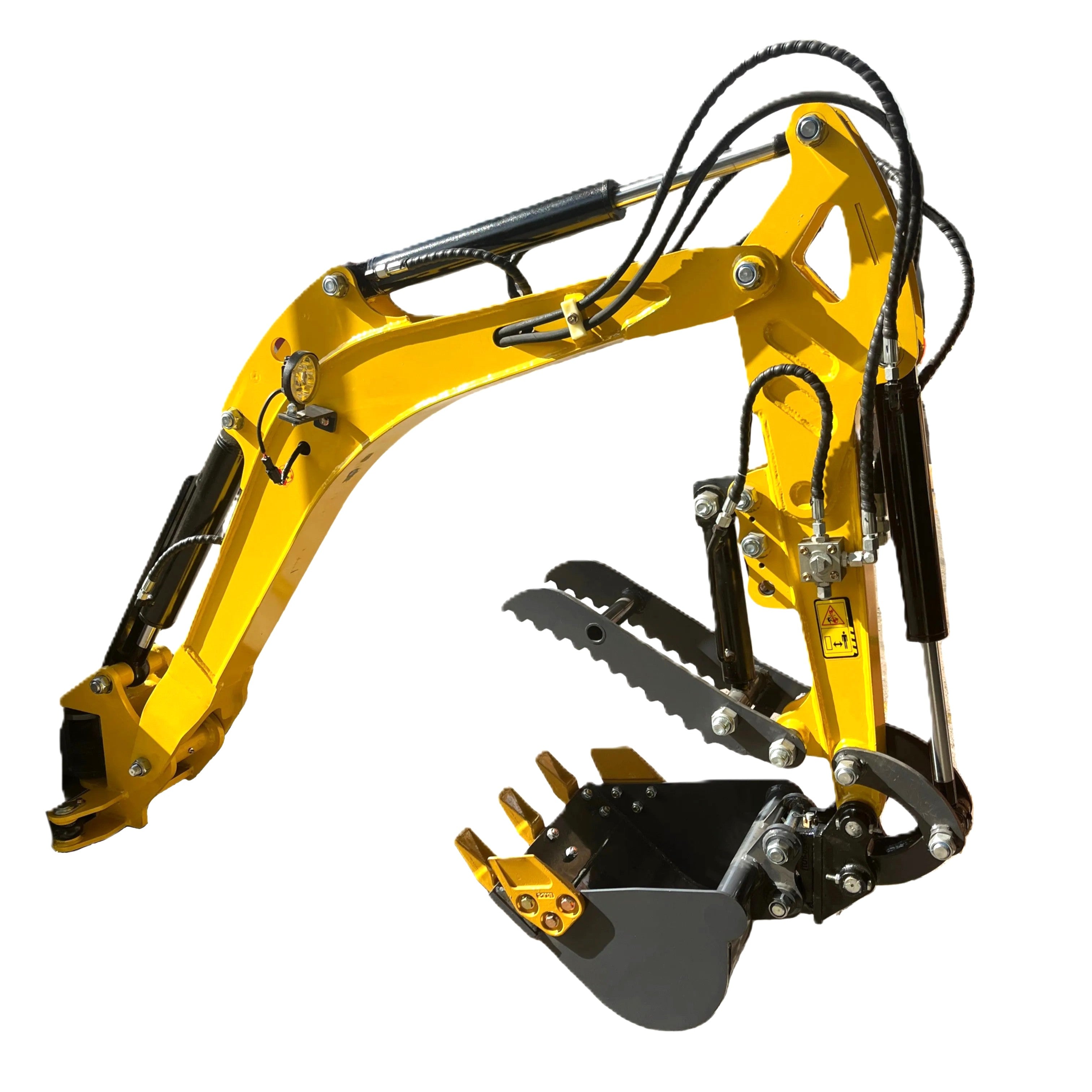 The Paddock Excavator Series 17 with 6 Attachments Bundle by Paddock features a yellow hydraulic arm with bucket and grapple, black hoses, and metal joints, designed for small or tracked excavators. Shown isolated on a white background.