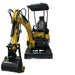 A Paddock Excavator Series 17 with 6 Attachments Bundle by Paddock, featuring a yellow body and black bucket, is parked indoors on a warehouse concrete floor among shelving and industrial equipment.